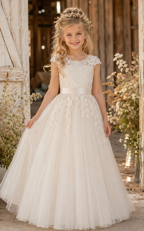 Rustikales Ballkleid aus Spitze und Tüll für Blumenmädchen