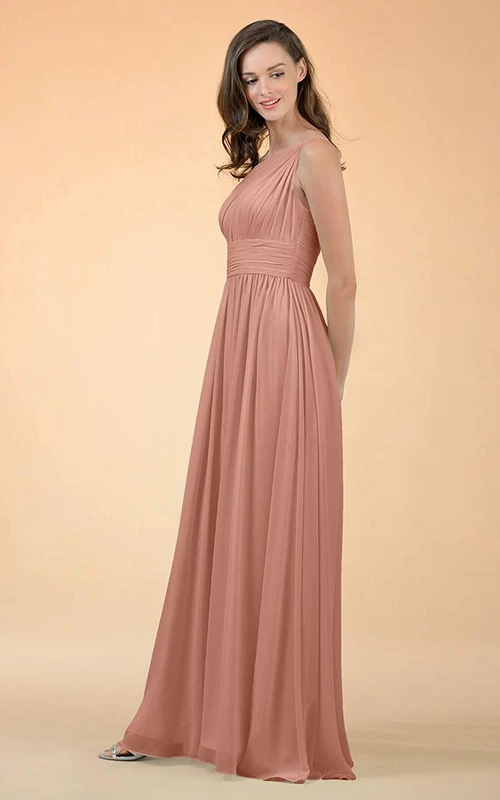 Elegante vestido de dama de honor de gasa largo hasta el suelo, sin mangas, con un solo hombro y corte en A, con fruncido.