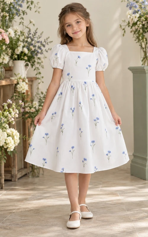 Schlichtes weißes, teelanges Kleid mit breitem, eckigem Ausschnitt, kurzen Puffärmeln und spärlichem, blau-floralem, gerafftem A-Linien-Schnitt für Blumenmädchen