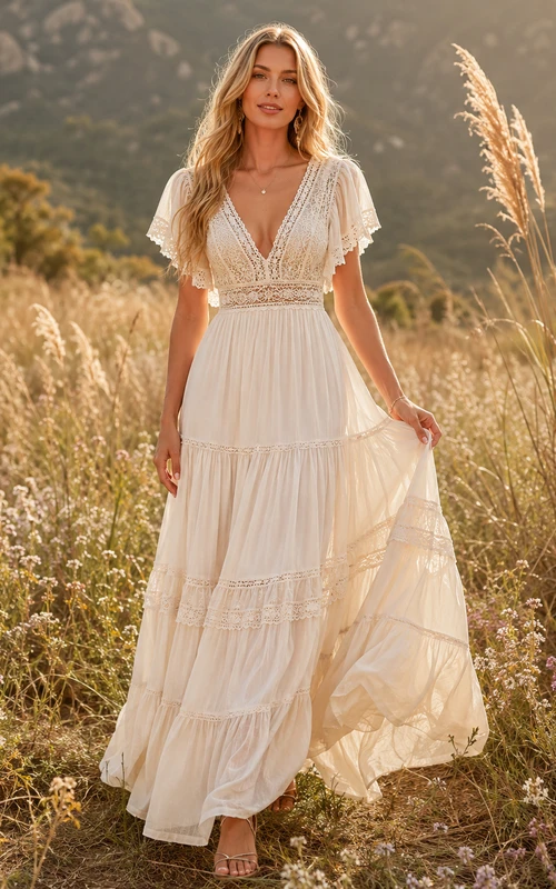Vestido de gasa bohemio de manga corta, corte en A, largo hasta los tobillos, escote en V y color marfil Prairie Whisper