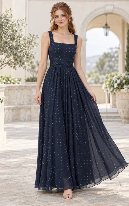 Marineblaues, ärmelloses, plissiertes Chiffon-Brautjungfernkleid mit kleinen Polka-Dots, eckigem Ausschnitt und bodenlangem Schnitt
