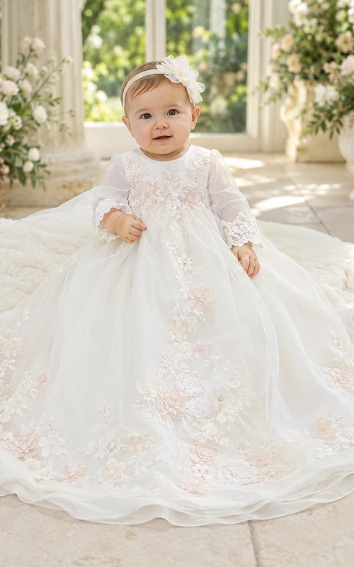 Floral Applique Baptism Gown A-Line Tulle Lace Long Sleeve Sweep Train