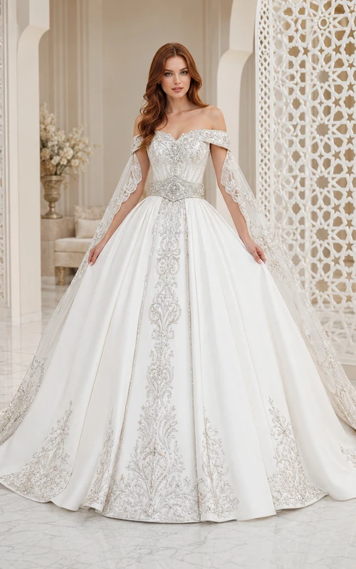 Robe de bal orientale de princesse, épaules dénudées, manches longues en dentelle, robe de mariée cathédrale