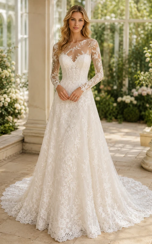 Robe de mariée en dentelle et tulle, coupe trapèze, bustier cœur, manches longues, traîne.