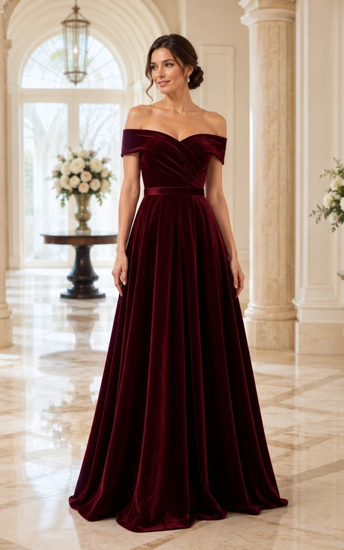 Off-Shoulder Burgundy Draped Satin A-Line Floor-Length Simple Modest Formal Gown