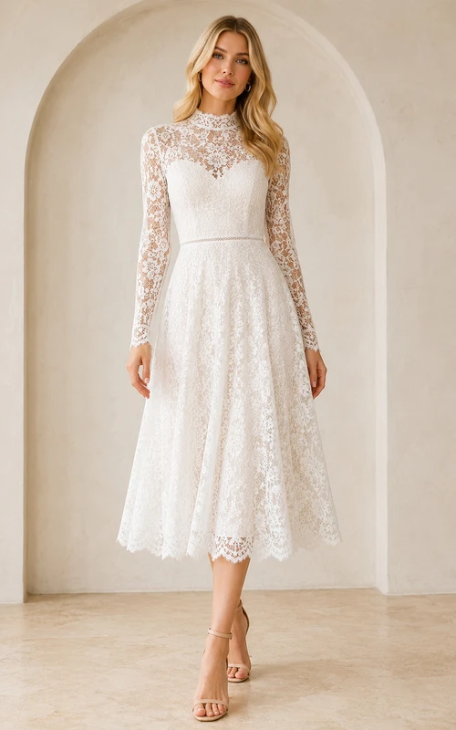 Modest White Tea-Length High Neck Long Sleeve Lace Guest Dress