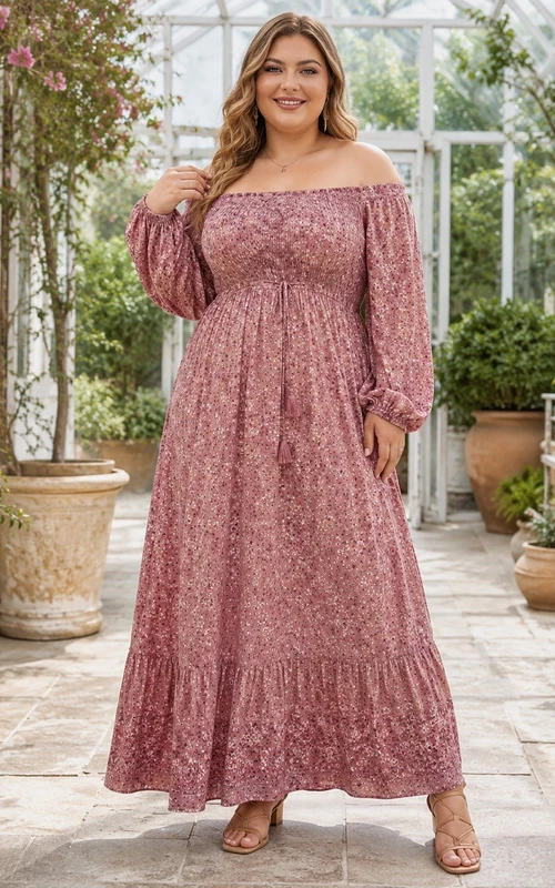 Vestido largo de gasa color malva con hombros descubiertos y manga larga, talla grande.