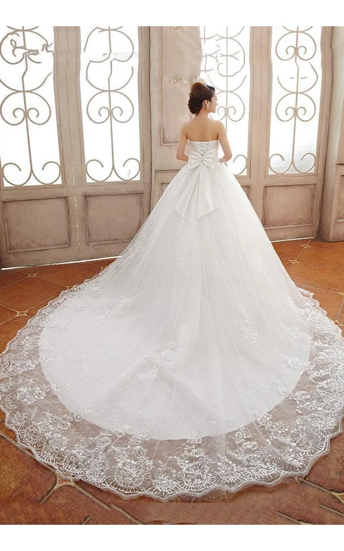 Glamuroso vestido de novia palabra de honor con encaje y pedrería, cola larga, Lace-Yp