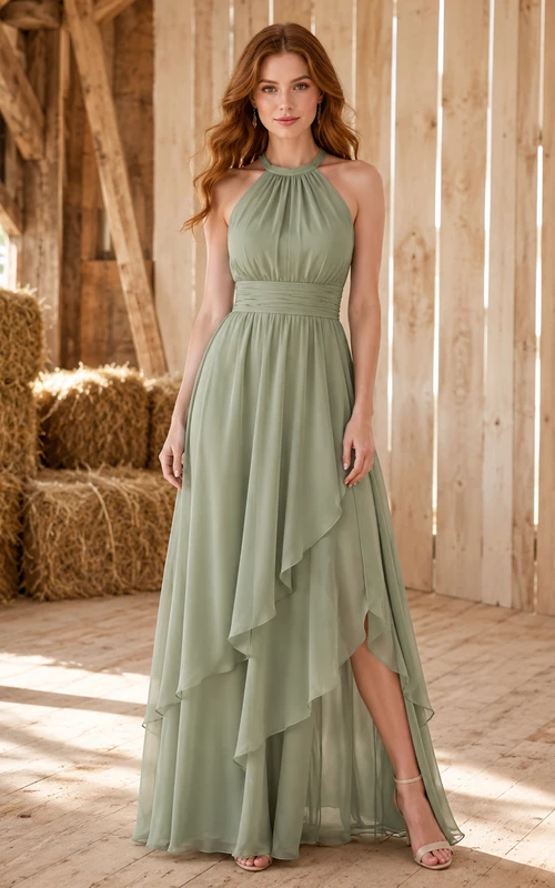 Sage halter chiffon high low ruffle maxi dress