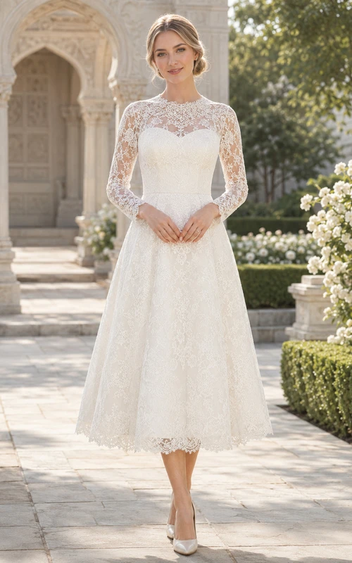 Modest High Neck Lace Long Sleeve Tea Length Temple Wedding Dress