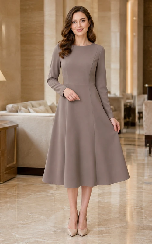 Robe midi taupe à manches longues et col bateau, style classique, pour une occasion spéciale.