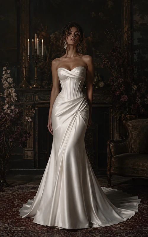 Vestido de novia de satén color marfil sin tirantes estilo sirena