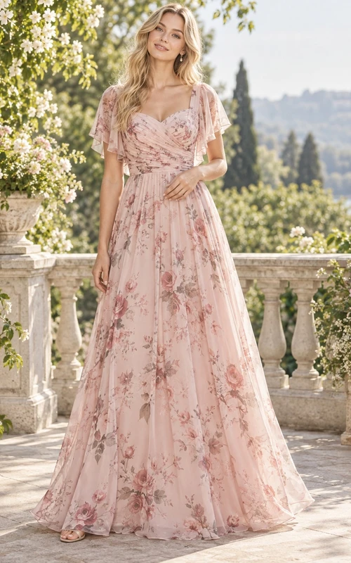 Vestido de dama de honor de gasa rosa rubor con mangas acampanadas, escote en V y largo hasta el suelo.