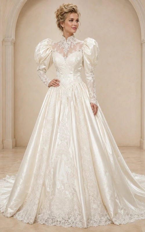 Vestido de novia vintage elegante y modesto de manga larga con corte en A y encaje.