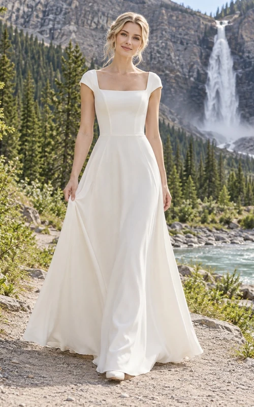 Vestido de novia sencillo de crepé con escote cuadrado, mangas cortas, cintura ajustada y falda en línea A.