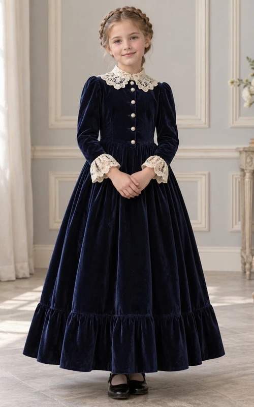 Viktorianisches dunkelblaues Samtkleid mit langen Ärmeln, Spitzenkragen und Knöpfen, Blumenmädchenkleid