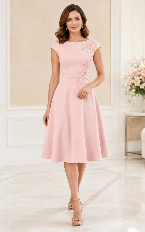 Elegantes, plissiertes Teekleid in zartem Rosa mit U-Boot-Ausschnitt, Spitzenbesatz, kurzen Ärmeln und Spitzenbesatz.