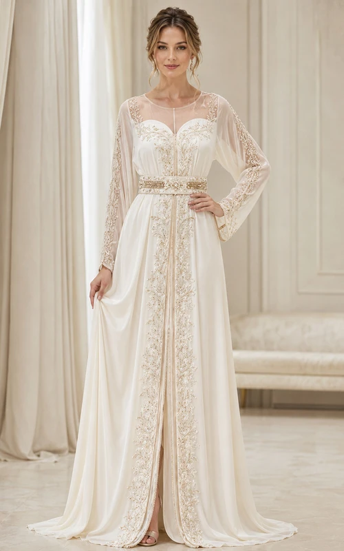 Robe de mariée caftan de luxe, coupe trapèze, col bijou, manches longues en dentelle illusion