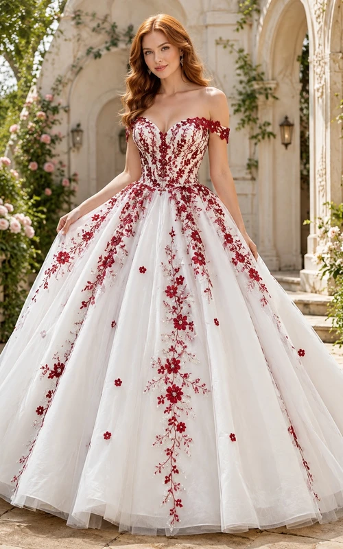 Rotes, schulterfreies Tüll-Ballkleid mit floralen Applikationen und kurzen Ärmeln sowie Schleppe
