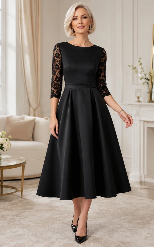 Black Jewel Neck Lace Sleeve Satin A-Line Tea Length Formal Dress