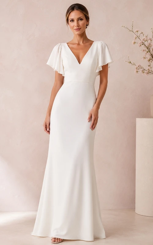 Weißes, schlichtes, bodenlanges Jersey-Abendkleid mit V-Ausschnitt, flatternden Ärmeln