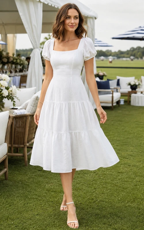 Vestido polo midi blanco con cuello cuadrado, mangas abullonadas y volantes