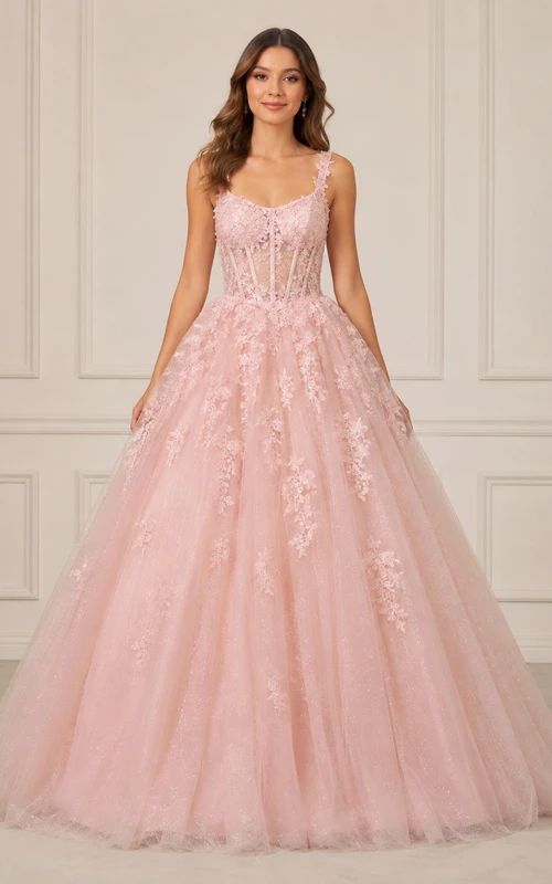 Ball Gown Lace Prom Dress with Sweetheart, Sleeveless and Appliques Flower, Floor Length