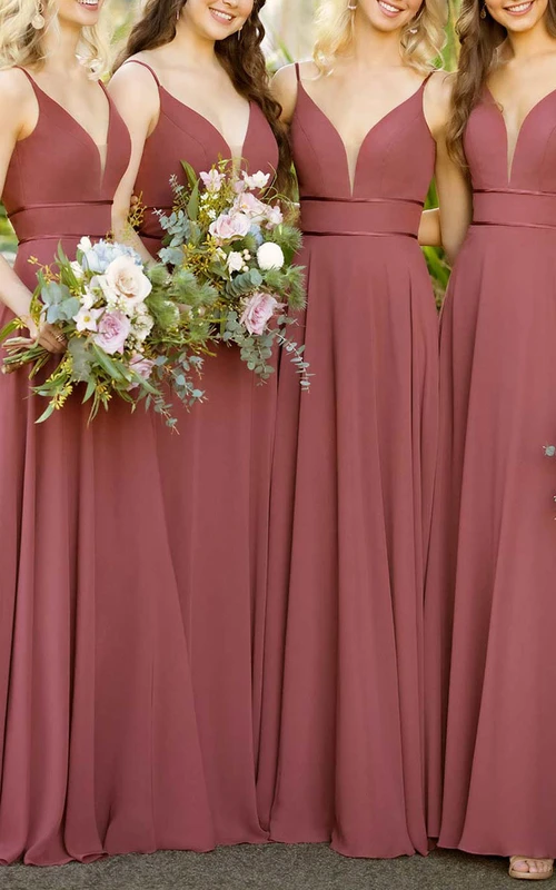 Vestido de dama de honor largo hasta el suelo, sin tirantes, de gasa, estilo línea A con escote en V, lazo y espalda con escote en V profundo.