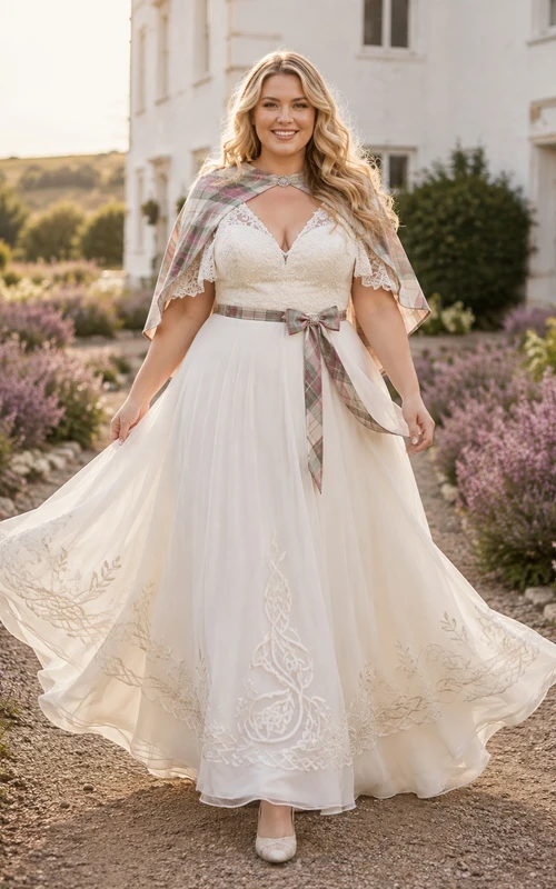 Boho-Hochzeitskleid in Übergröße: Schottisches Tartanmuster, Schalkragen, kurze Ärmel, V-Ausschnitt, Spitze, A-Linie