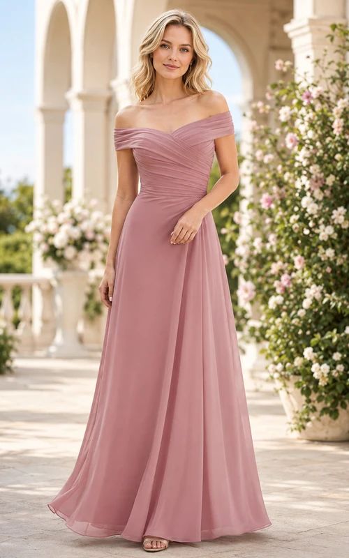 Elegante vestido de noche largo hasta el suelo, de gasa fruncida con hombros descubiertos, color rosa empolvado, corte en A, para mujeres de baja estatura.