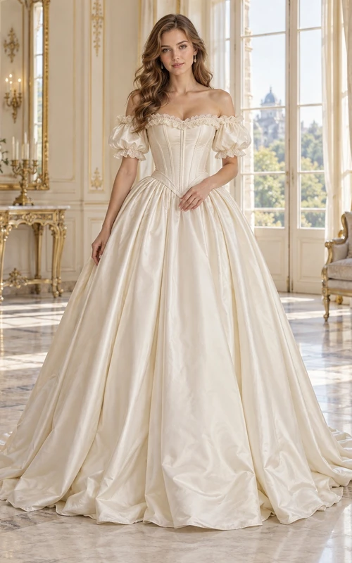 Robe de mariée victorienne en satin à épaules dénudées, corset et manches bouffantes