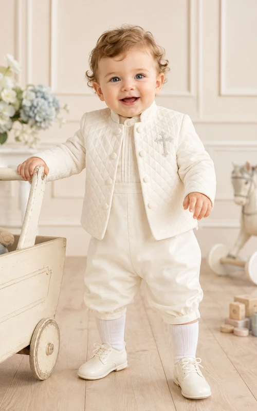 Ivory Quilted Mandarin Collar Long Sleeve Baptism Suit Set for Baby Boy
