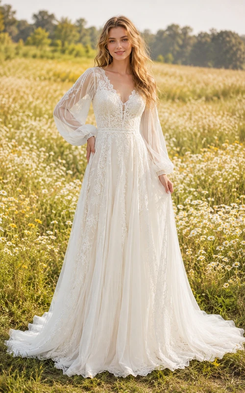 Long Bishop Sleeve Lace Boho Meadow Bridal Gown