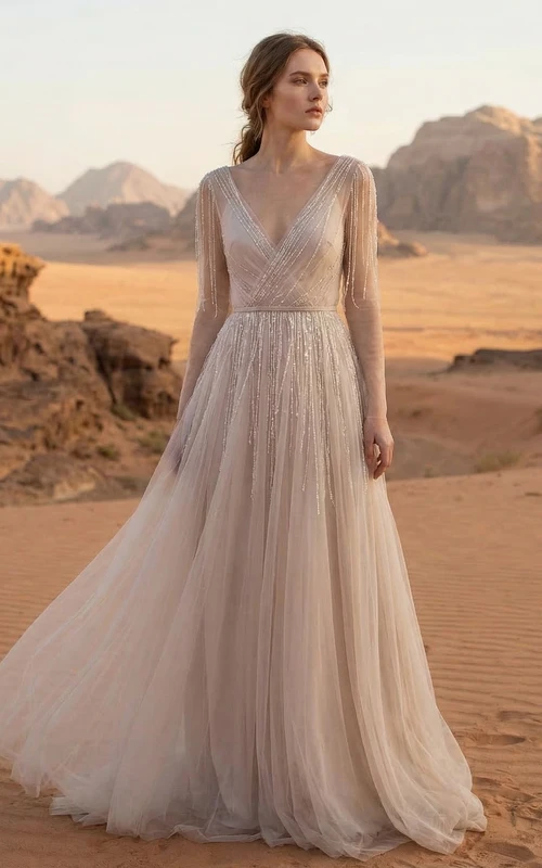 Brautkleid aus Tüll mit V-Ausschnitt und Perlen