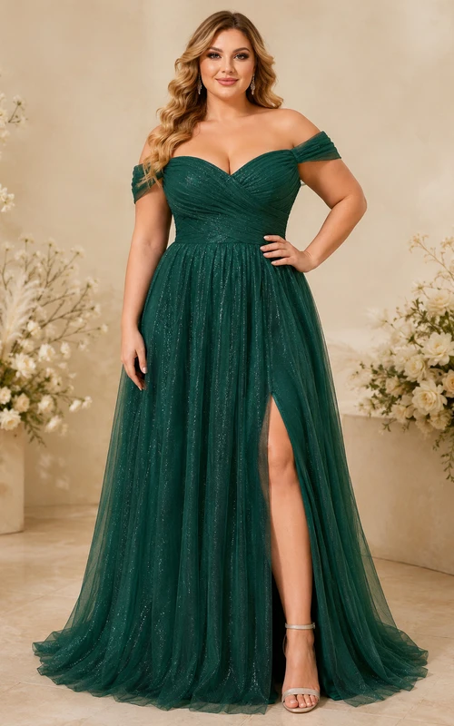 Plus Size Split Dark Green A-Line Floor-length Off-the-shoulder Short Sleeve Tulle Romantic Sexy Prom Evening Formal Reception Dress