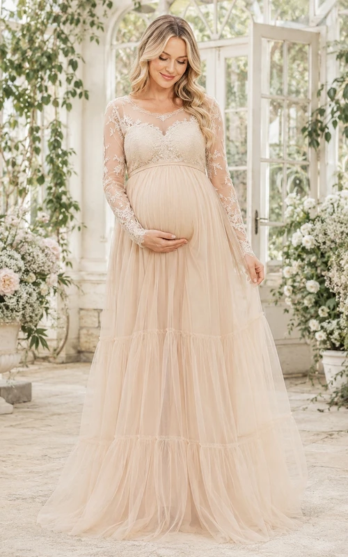 Maternity Champagne Long Sleeve V-Neck Lace Tulle Empire Formal Gown