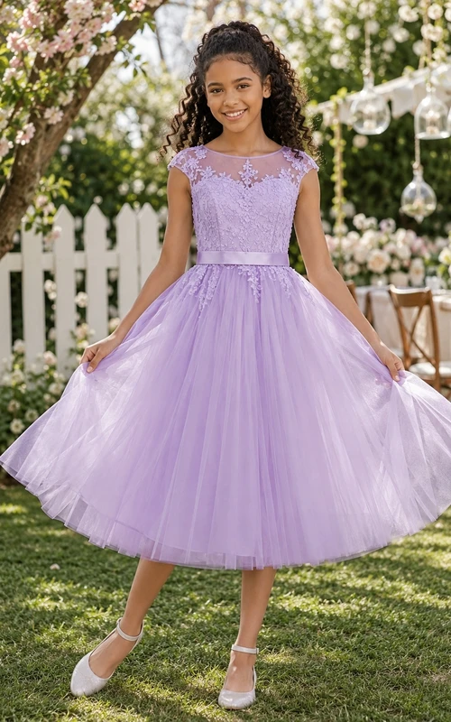Lavendelfarbenes Brautjungfernkleid für junge Damen, A-Linie, kurze Ärmel mit Schmucksteinen, knielang, mit Spitzendetails, lässig