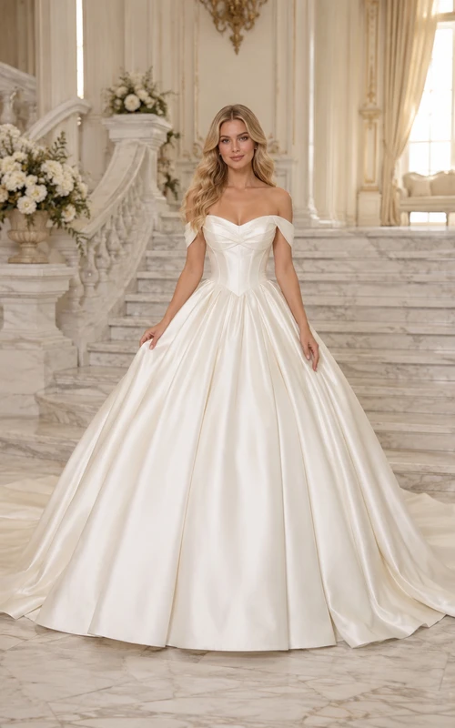 Brautkleid aus Satin, A-Linie, schulterfrei, kurze Ärmel, Kapellenschleppe
