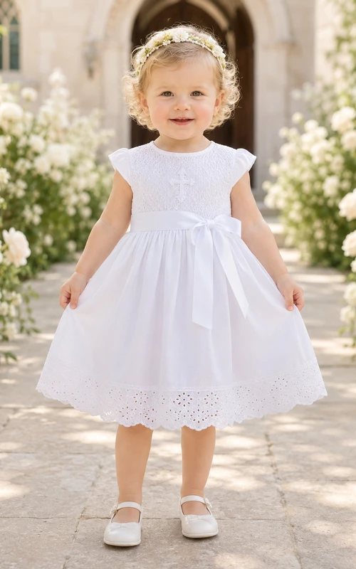 Simple Cotton Batiste Baby Christening A-Line Cap Sleeve Knee-Length Dress Adorable Casual