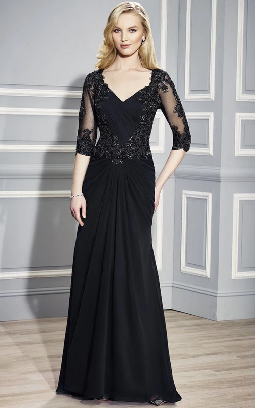 Ruched V-Neck Floor-Length Half-Sleeve Chiffon Formal Dress With Beading