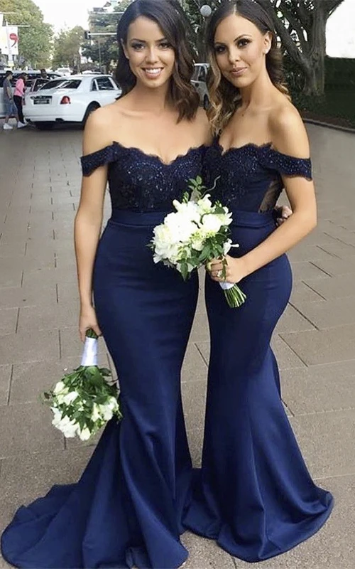 Sleeveless Appliqued Off-the-shoulder Sweetheart Mermaid Blue Bridesmaid Dress