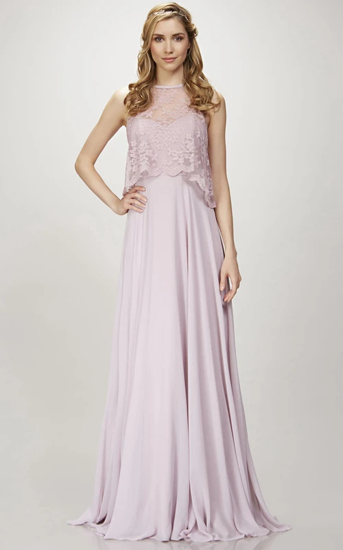 Robe de demoiselle d'honneur sans manches en mousseline de soie à col rond et décolleté en V plongeant