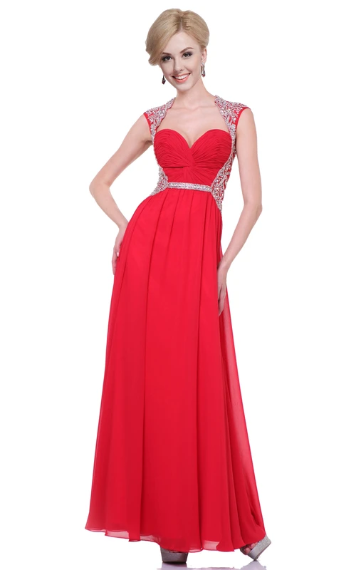 Vestido de gasa estilo Reina Ana, largo hasta los tobillos, con corte en A, fruncido y abalorios.
