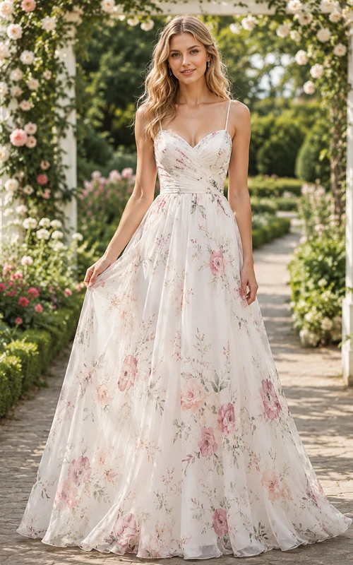 Spaghetti Floral Print Chiffon Summer Garden A Line Gown