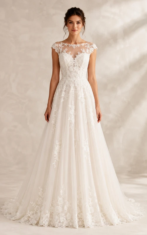 Vestido de novia de corte A con mangas cortas, encaje, escote ilusión tipo barco y cola de capilla.