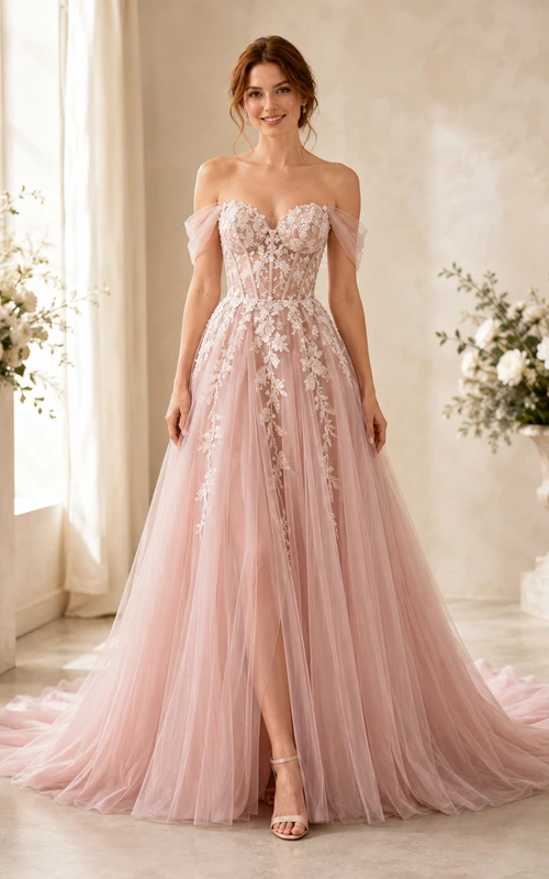 Robe de mariée bustier rose poudré en tulle et dentelle florale à encolure cœur, coupe trapèze, style court