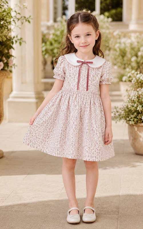 Vestido de niña de flores de algodón estampado en rosa rubor, corte en A, mangas cortas y falda hasta la rodilla.