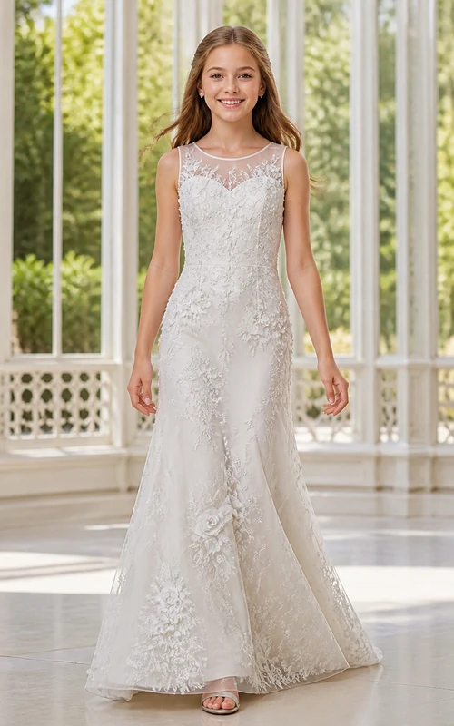 Modest Junior Bridesmaid Floor-length Sheath Scoop Sleeveless Applique Lace Dress