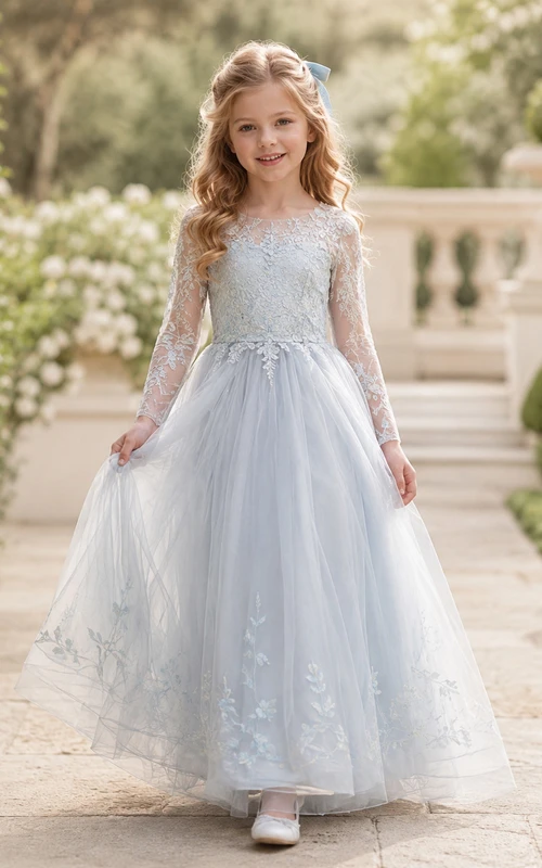 Vestido de niña de flores de manga larga, tul azul con encaje, corte en A, cuello joya y falda hasta el suelo.