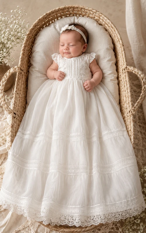 Taufkleid für Babys, A-Linie, bodenlang, mit Rundhalsausschnitt, ärmellos, aus Satin und Spitze, Schleife am Rücken, Knopfleiste am Rücken